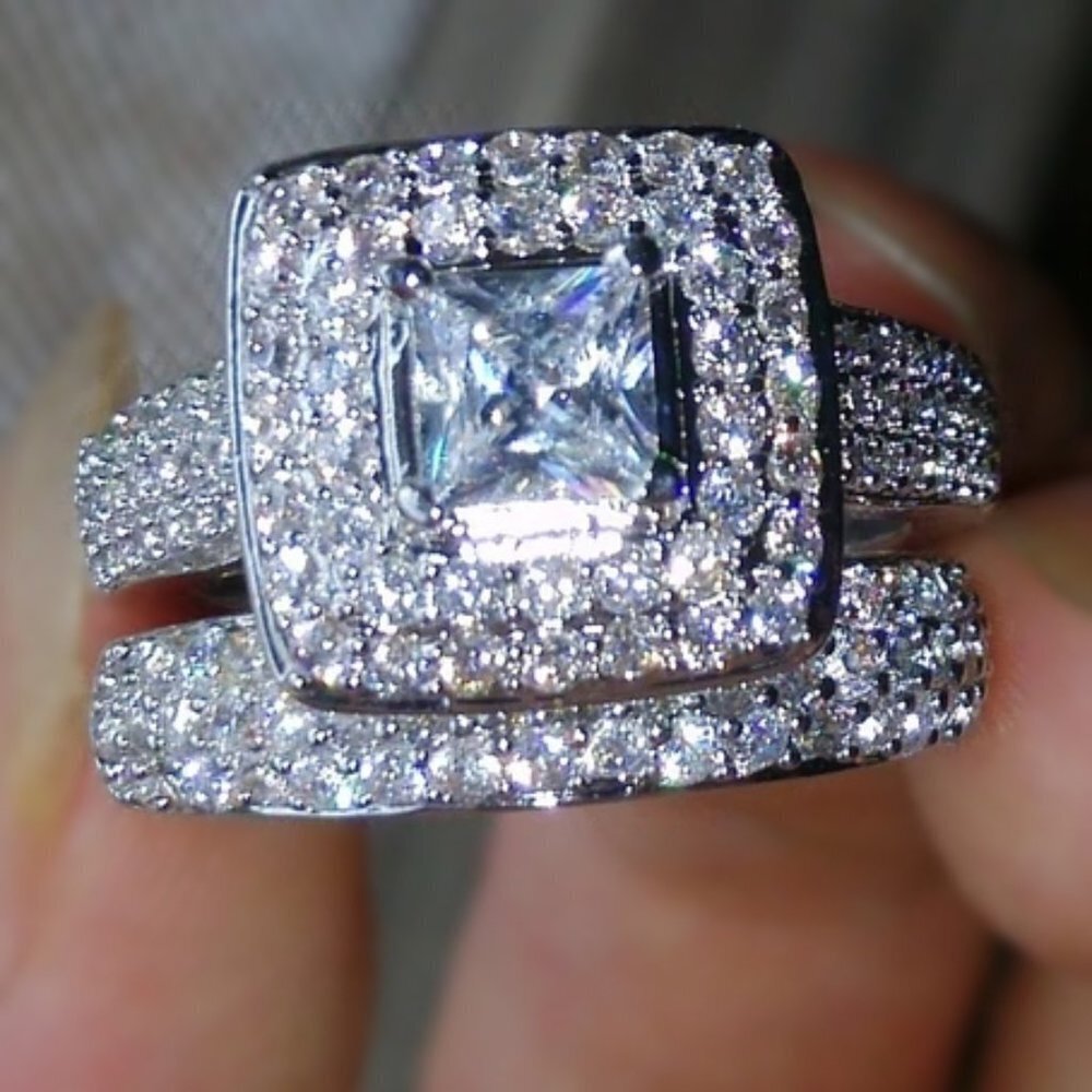 🔥Shiny Princess Cut Square Zircon Delicate Luxury Silver Ring Set, UNVN12306 - Picture 4 of 6